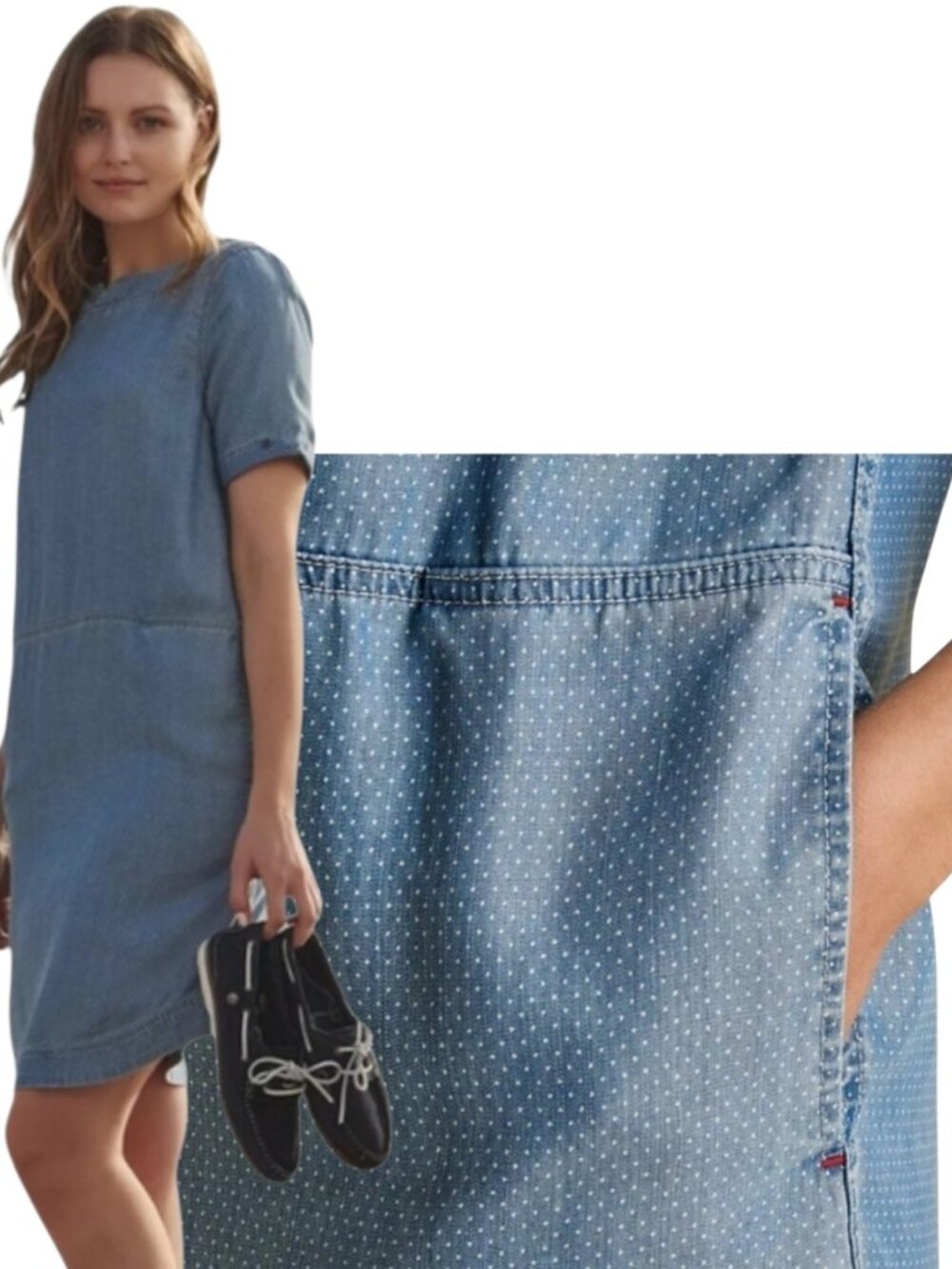 Barbour Seaward Blue Chambray w White Polka Dots Short Sleeve Dress w Pockets 10